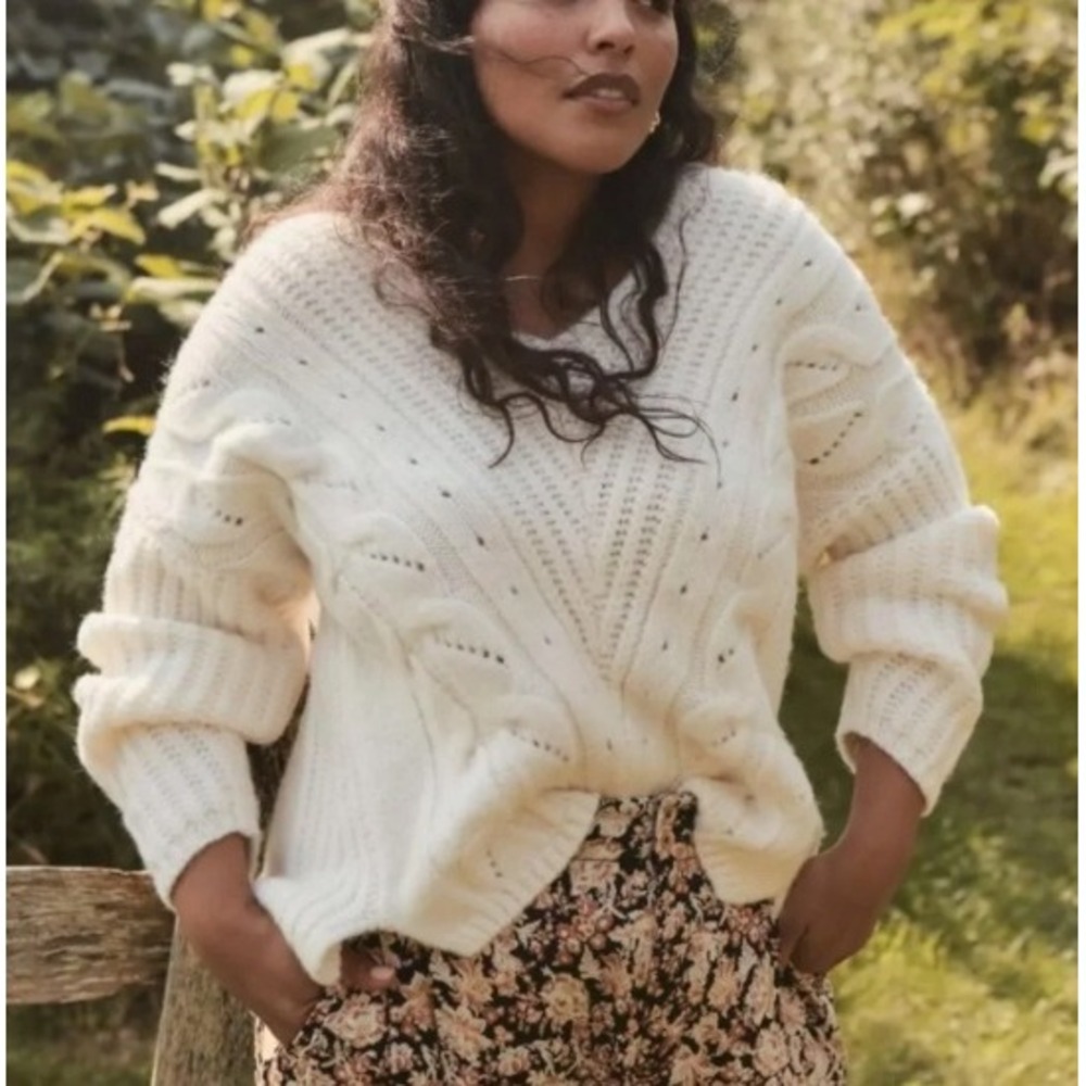 Anthropologie Ramona Ivory Cable Knit Alpaca Blend V-Neck Sweater Plus Size 2X